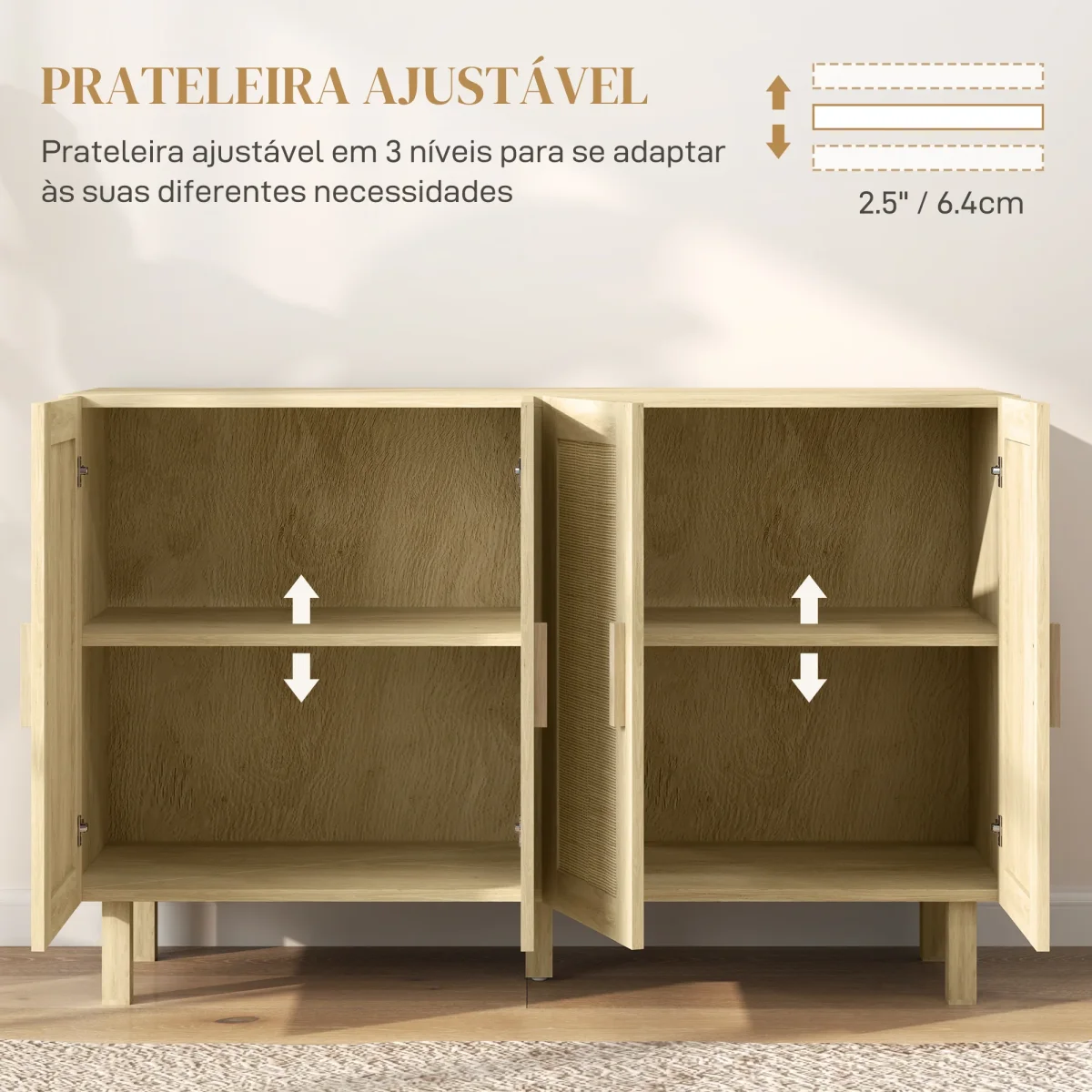 Aparador de Sala de Estar com 4 Portas com Rede em Vime e Prateleiras Ajustáveis Aparador para Cozinha Escritório Estúdio Quarto Estilo Nórdico Anti-Tombo 120x39,5x76 cm Madeira - Image 6