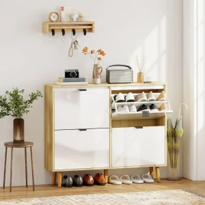 Sapateira Estreita com 4 Portas em Branco Brilho Sapateira de Entrada com Prateleiras Ajustáveis e Pernas de Madeira para 20 Pares de Sapatos 105x24x92,5 cm Branco