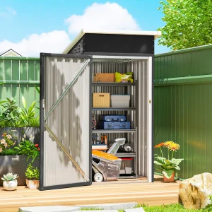 Abrigo Exterior Metálico 107,5x91x185 cm Abrigo de Jardim com Teto Inclinado Porta com Trinco Ventilação e Luvas Abrigo de Armazenamento para Ferramentas Cinza Escuro