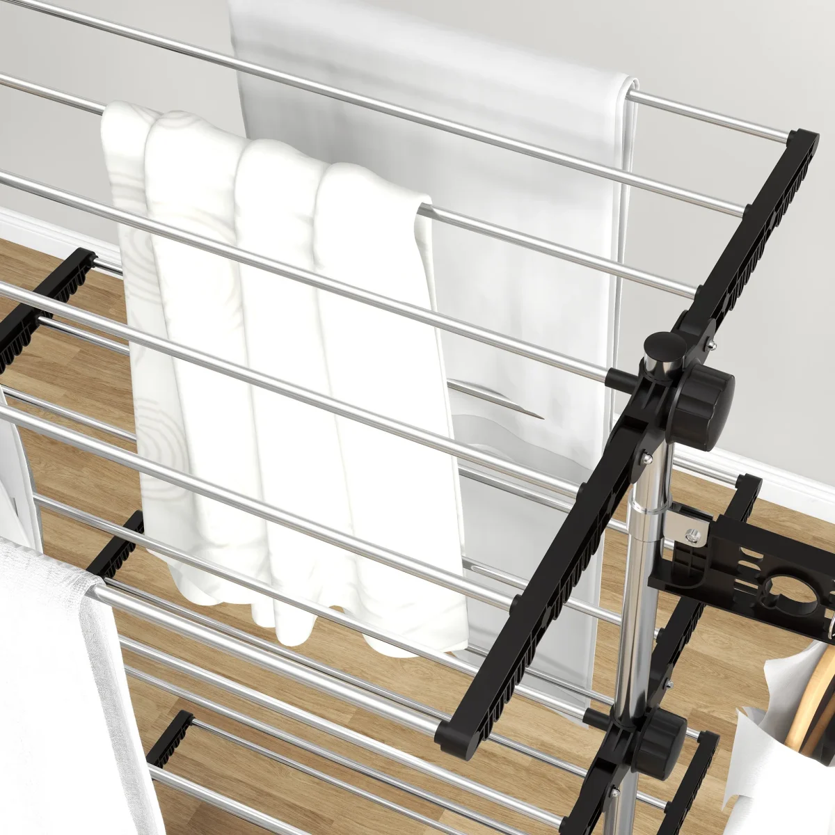 Estendal Vertical Dobrável de 4 Níveis Estendal de Roupa com 6 Rodas 2 Laterais Dobráveis Prateleiras Ajustáveis e Estrutura de Aço Inoxídável para Interior e Exterior Preto - Image 9