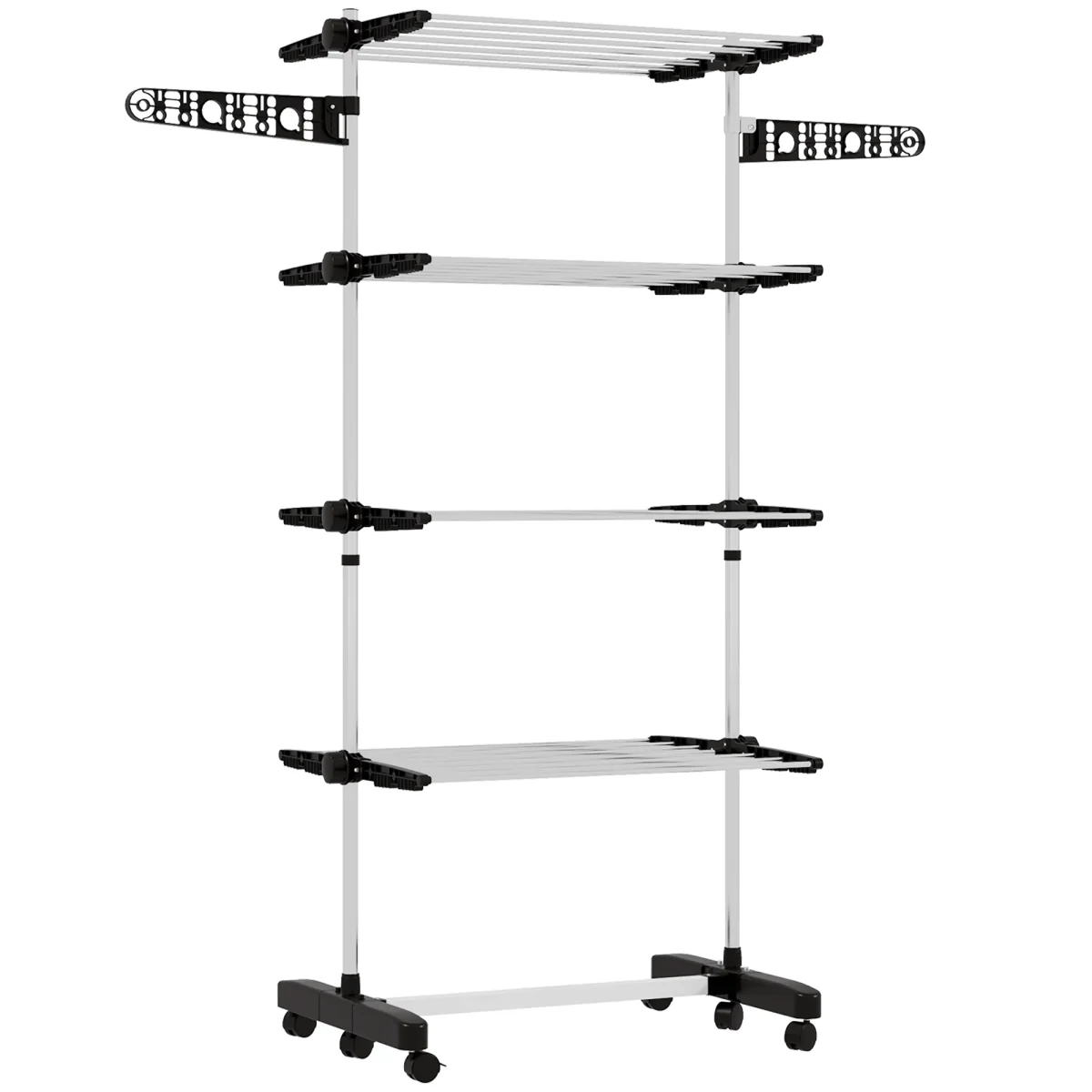 Estendal Vertical Dobrável de 4 Níveis Estendal de Roupa com 6 Rodas 2 Laterais Dobráveis Prateleiras Ajustáveis e Estrutura de Aço Inoxídável para Interior e Exterior Preto - Image 3