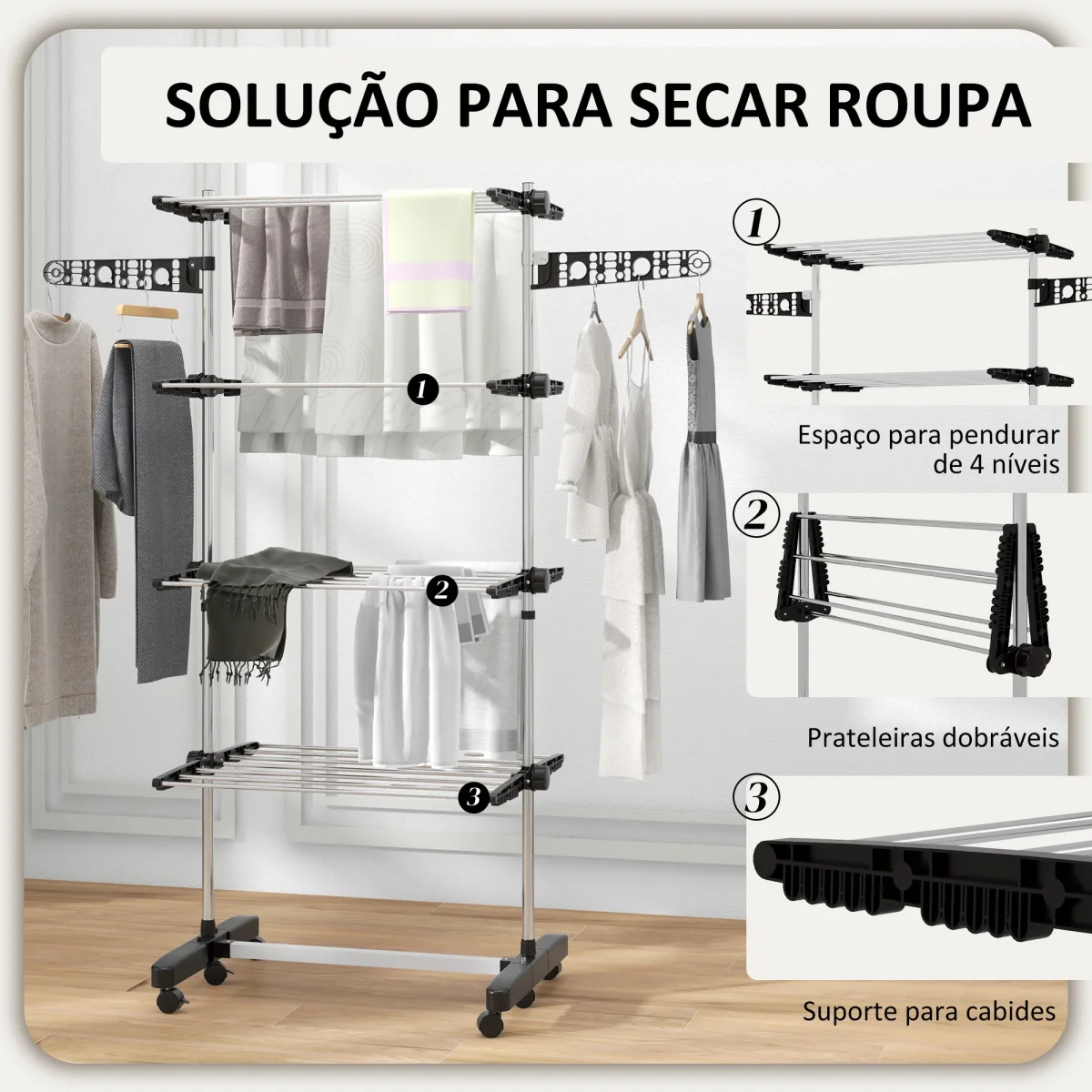 Estendal Vertical Dobrável de 4 Níveis Estendal de Roupa com 6 Rodas 2 Laterais Dobráveis Prateleiras Ajustáveis e Estrutura de Aço Inoxídável para Interior e Exterior Preto - Image 6