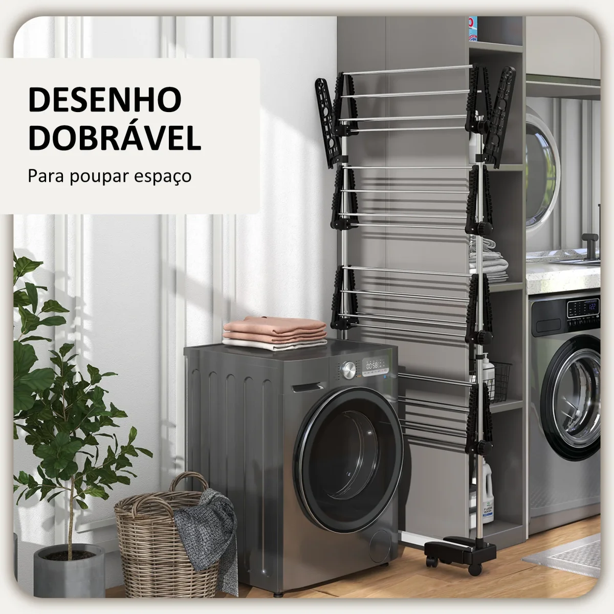 Estendal Vertical Dobrável de 4 Níveis Estendal de Roupa com 6 Rodas 2 Laterais Dobráveis Prateleiras Ajustáveis e Estrutura de Aço Inoxídável para Interior e Exterior Preto - Image 7