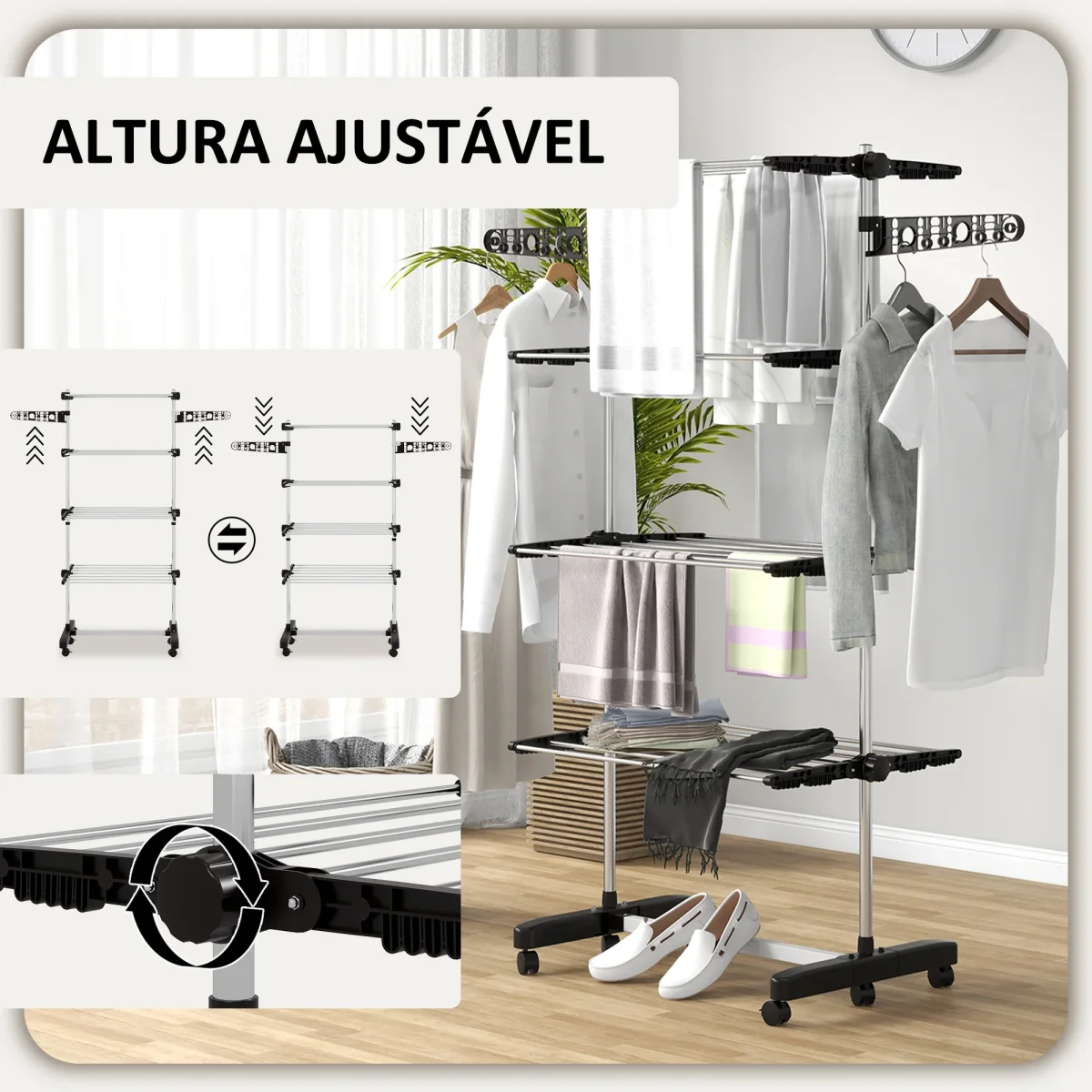 Estendal Vertical Dobrável de 4 Níveis Estendal de Roupa com 6 Rodas 2 Laterais Dobráveis Prateleiras Ajustáveis e Estrutura de Aço Inoxídável para Interior e Exterior Preto - Image 5