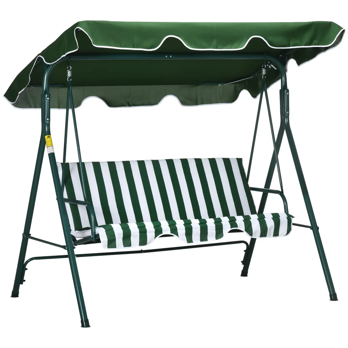 Baloiço de Jardim de 3 Lugares com Almofada Toldo Ajustável e Estrutura de Metal para Balcão Terraço Patio Carga Máx. 300kg 172x110x153cm Verde e Branco - Image 3